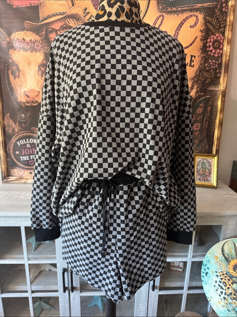 Anniewear Black & Beige Checkered 2 Piece Top & Shorts Set Size XL
